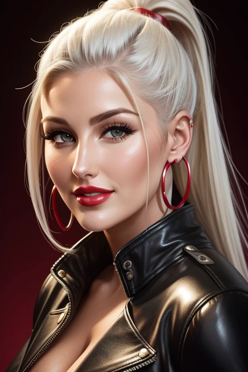 lucy pinder, face portrait, smiling, ponytail, platinum hair, hoop earrings, black leather jacket, red lipstick.