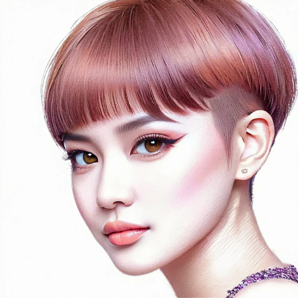 masterpiece, realistic, highly detailed, beautiful, a cute young indonesian woman, sleek straight hair, short bowcut haircut with undercut, purpled salmon haircolor, light makeup, brown eyes. detailed on the face and eye. elegant pose. charming and calming look. smiling slightly. blurred intricate abstract background.