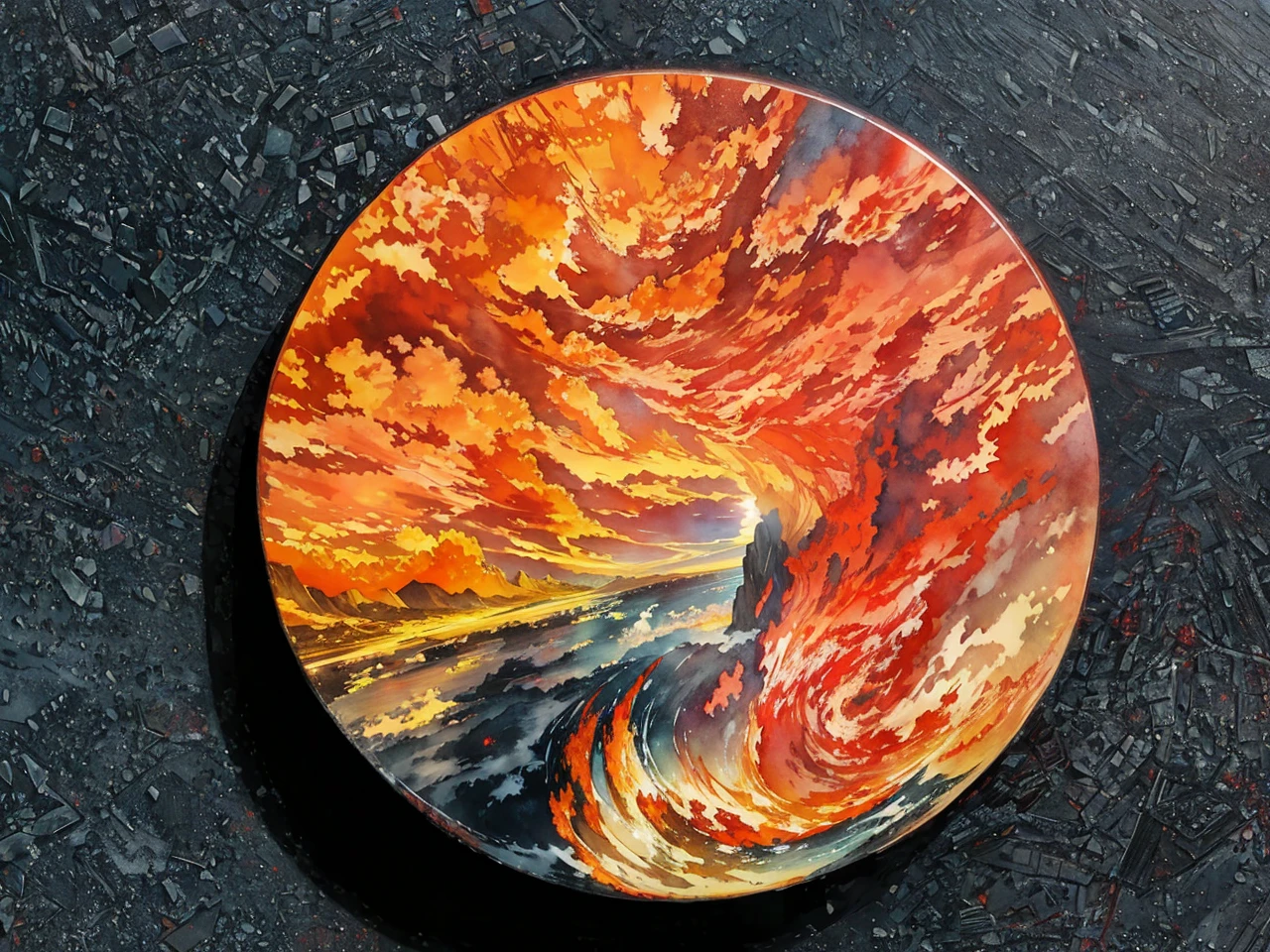 Stormy scenery,The layers of fiery red clouds stack up and change with clear outlines.,The colors are distinct and blended,Clear changes in light and shadow,Silky smooth and delicate watercolor painting