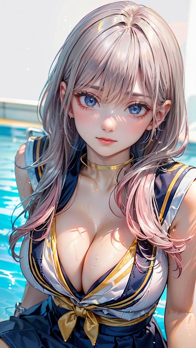 ((Highest quality, 8k, masterpiece :1.3)), (Sharp focus :1.2, Beautiful woman with perfect figure :1.4), ((Big Breasts, Emphasize cleavage:1.3)), (Photorealistic:1.4), (realistic:1.4), (Pink Hair:1.5), Highly detailed face and skin texture, Fine grain, double eyelid. Makeup face, A little bit of lipstick, sex appeal, Sexy gravure pose, ((Yellow sailor suit and navy blue skirt、Poolside background、A high school girl smiling lightly、Silver bracelet。:1.3)