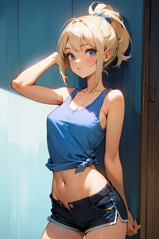 Browsing Caution,(Petite),((Cute man's daughter)),(Breast size Sea Cup),((Groin bulge)),seiza,Blonde woman with low pigtails,lips,Sweat,White Breath,Tank top,The gaze of the viewer,Changing clothes