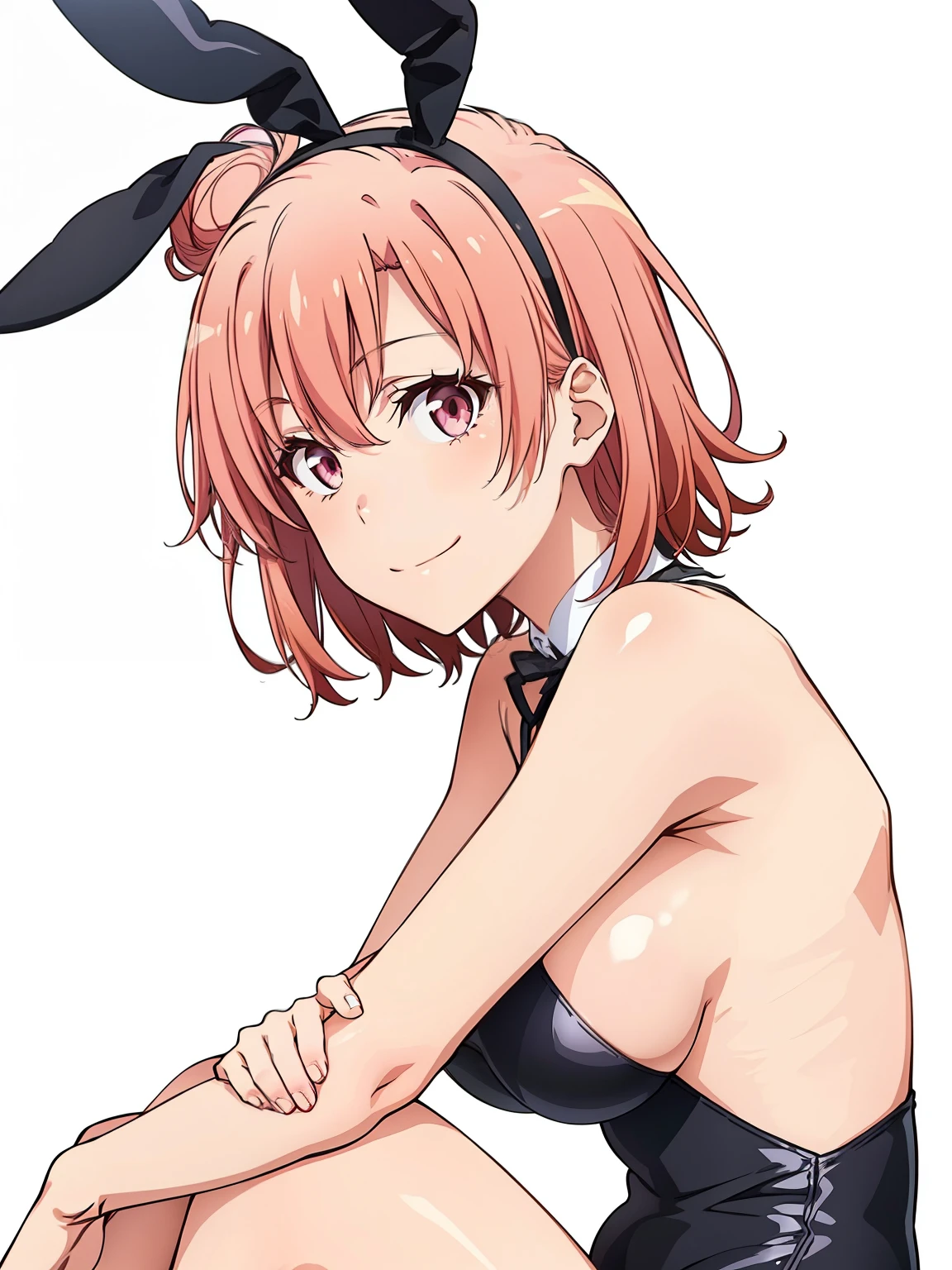 ((masutepiece, Best Quality, hight resolution, nffsw, Perfect Pixel, depth of fields, 4K, )), 1girl in, Solo, , Beautiful anime girl, Beautiful Art Style, close up, Looking at Viewer, Perfect body, side shot, Yuigahama Yui, Short hair, pink hair, pink eyes, hairbun, (large boob), sitting, black playboy bunny outfit, smile, hands on knees, blank white background