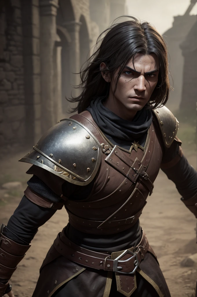 Make a warrior, from medieval times, in 3D game graphics like Dark and Darker game, with an astonished face, like you can't believe what you're seeing, but he's not scared, but rather surprised