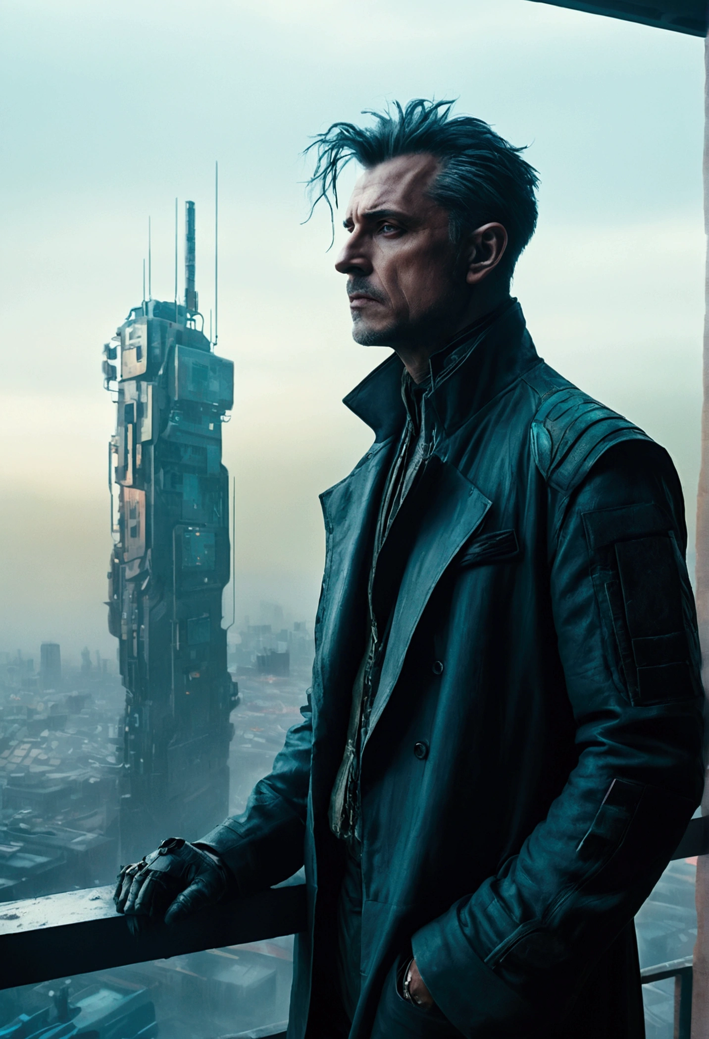 Abstract colors, texture, Film Grain, Skin pores: 0.Intricate and dramatic portrait of one handsome cyberpunk sci-fi scientist blown by the wind standing on a balcony overlooking a futuristic city (Solarpunk) 1.2, Foggy Morning, Film frame for still film, Blade Runner 2049, Punk Hairstyles, Altered Carbon, (Analog Style) 1.3 (Film Grain) 1.3, Stephane Martinière Vadim Kashin Simon Stahlenhag Michal Karczy Ismail Inceoglu