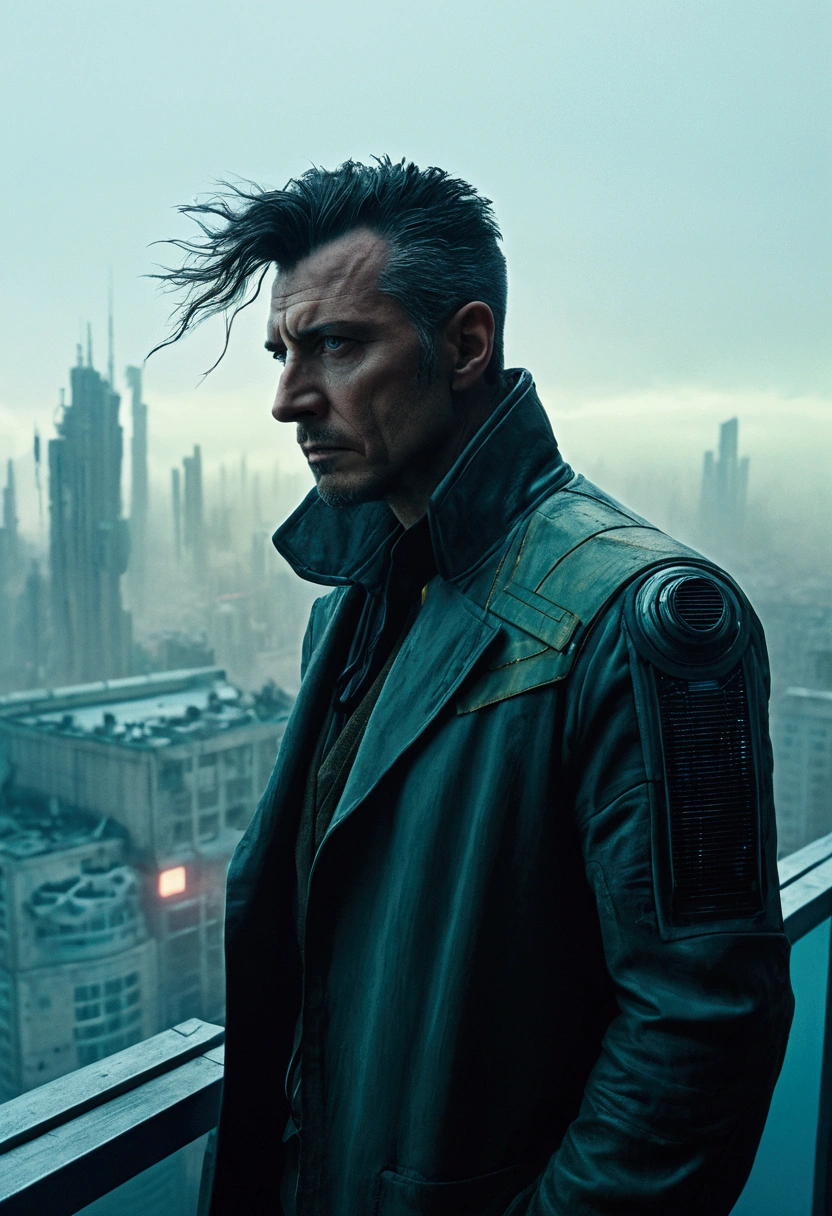 Abstract colors, texture, Film Grain, Skin pores: 0.Intricate and dramatic portrait of one handsome cyberpunk sci-fi scientist blown by the wind standing on a balcony overlooking a futuristic city (Solarpunk) 1.2, Foggy Morning, Film frame for still film, Blade Runner 2049, Punk Hairstyles, Altered Carbon, (Analog Style) 1.3 (Film Grain) 1.3, Stephane Martinière Vadim Kashin Simon Stahlenhag Michal Karczy Ismail Inceoglu