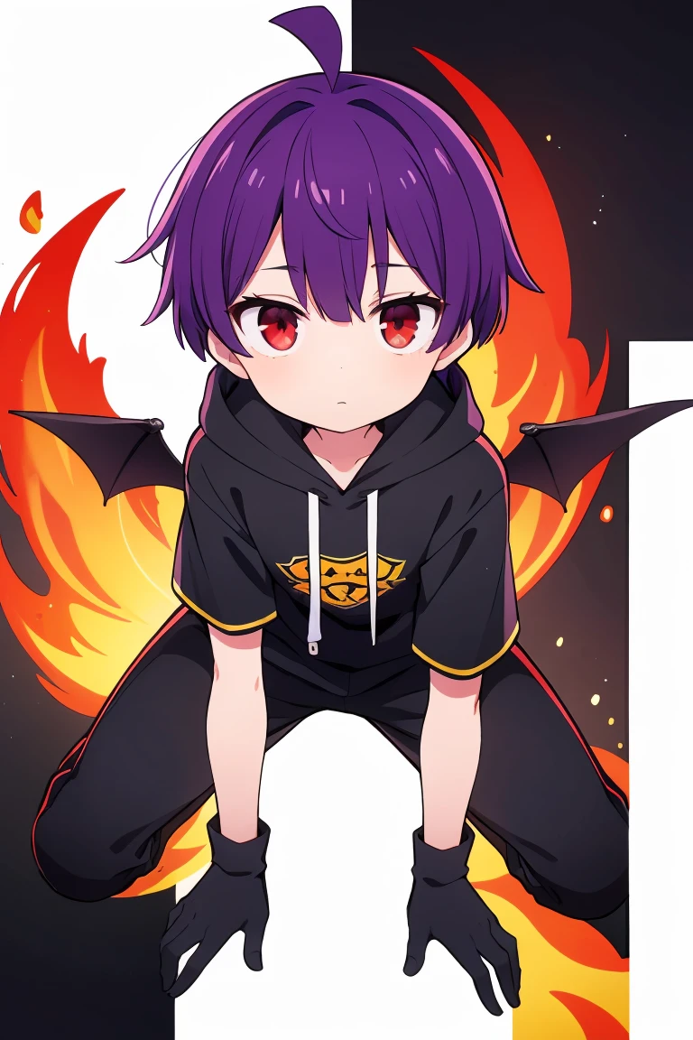 ((masterpiece, Highest quality, Very detailed)), Ahoge, Purple Hair, short hair, Red eyes, Black glove on one hand, Bat Wings, Indigo short sleeve hoodie, Black trousers, Manipulating the flames, boy, Mini character, Character portrait, solo, White background