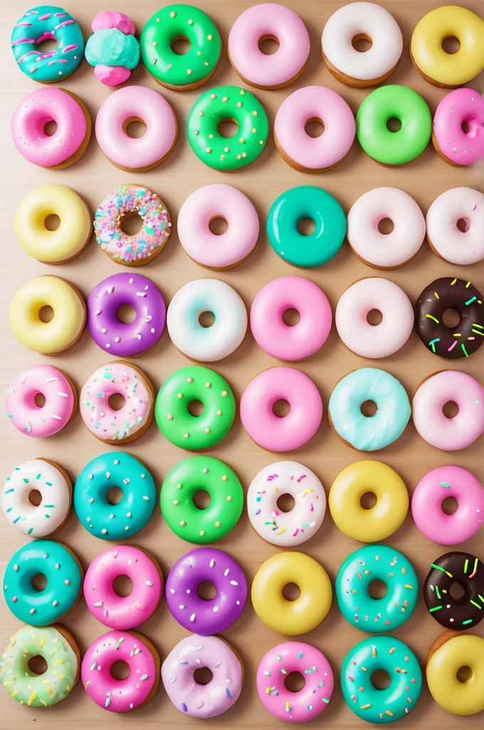 Create delicious and colorful 3d donuts for logo with green pastel colors , yellow pink blue and lilac and white