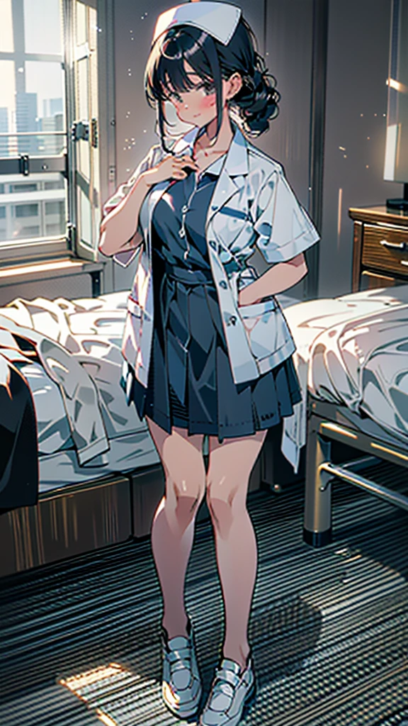 (8k, RAW Photos, 最high quality, masterpiece:1.2), high qualityのRAWカラー写真, Professional photo shoot, Cinematic Light, alone, (((young woman, Gal))), (Sharp features), (Small face), (Skin with attention to detail:1.2), clavicle, Cute Face, Beautiful appearance, Long eyelashes,Embarrassed, (Black Hair, Tied Hair), ((White Nurse,)), White sneakers,,Embarrassed, Artistic painting,Attractive thighs, (Very nice touch:1.2),A shy smile), Peaceful atmosphere, Oil painting style, Bright colors, (Are standing,Inside the white hospital room, Full body portrait), Smooth texture, Gazing Eyes, Beautiful Skin, Glowing Skin, ((Perfect Fingers, Five Fingers, Anatomically correct)), Background Blur, high quality, Surreal, ((Very detailed, photo shoot)),Many people々、blush、Plump、((Tight fitting sexy nurse uniform))、White Nurse服、nurse、mini skirt、Full Body Shot、White Hospital、白いタイトなmini skirt、Navy cardigan、blush
