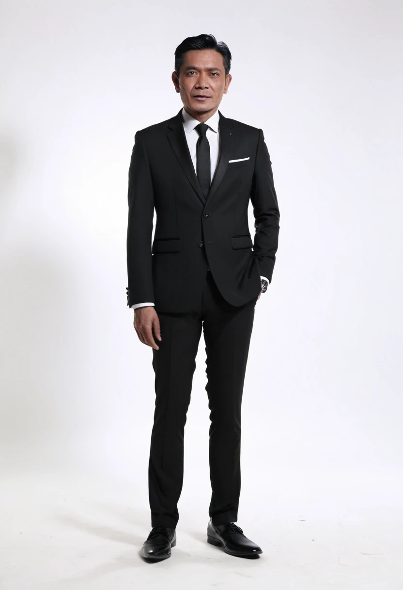 A portrait of an Indonesian man, 50 years old, standing pose, tilted to the left, full body, his body is skinny, wear a black suit, black formal trousers and black shoes, facing the camera, Use white lighting. super hd, realistic, 8k