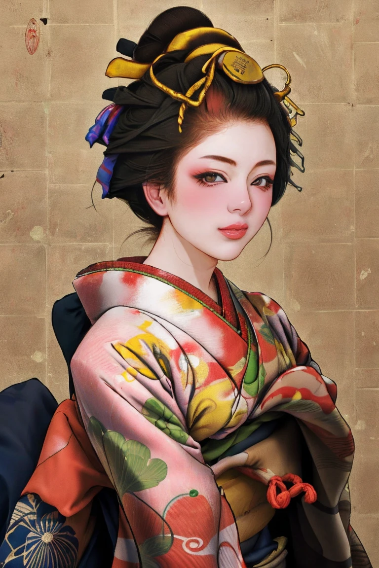 1 Girl, alone, Oiran, Maiko, country, Looking at the audience, short hair, Brown eyes, Brown Hair, Black Hair, hair ornaments, Upper Body, kimono, Blunt bangs, kimono, sash, Compensate, Bob cut hair,