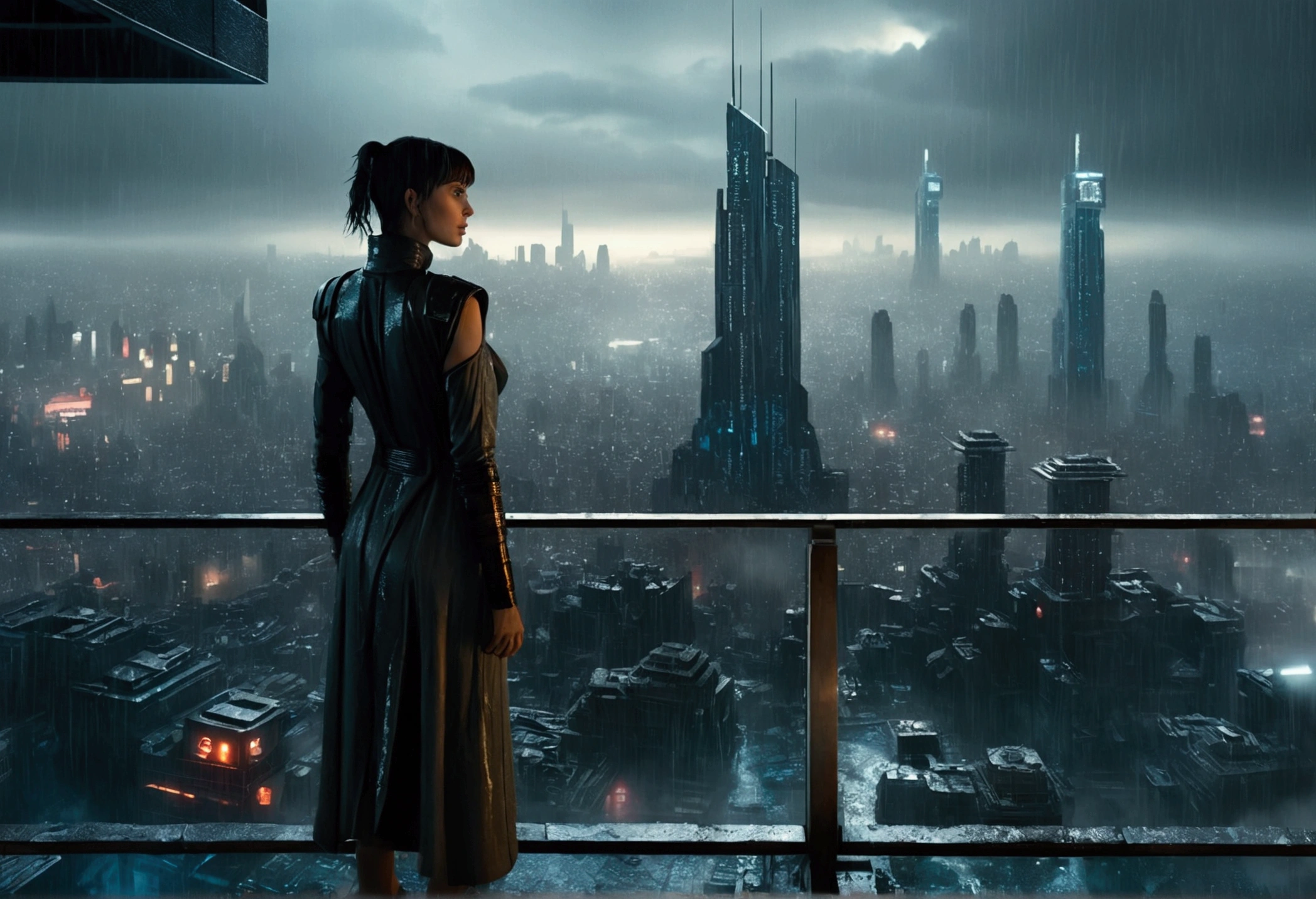 A realistic image of a futuristic city inspired by the movie "Blade Runner", with a woman standing on the terrace of a skyscraper overlooking the city. It is raining and the scene has a 16:9 aspect ratio (please include the terrace roof)), seen from three-quarter behind