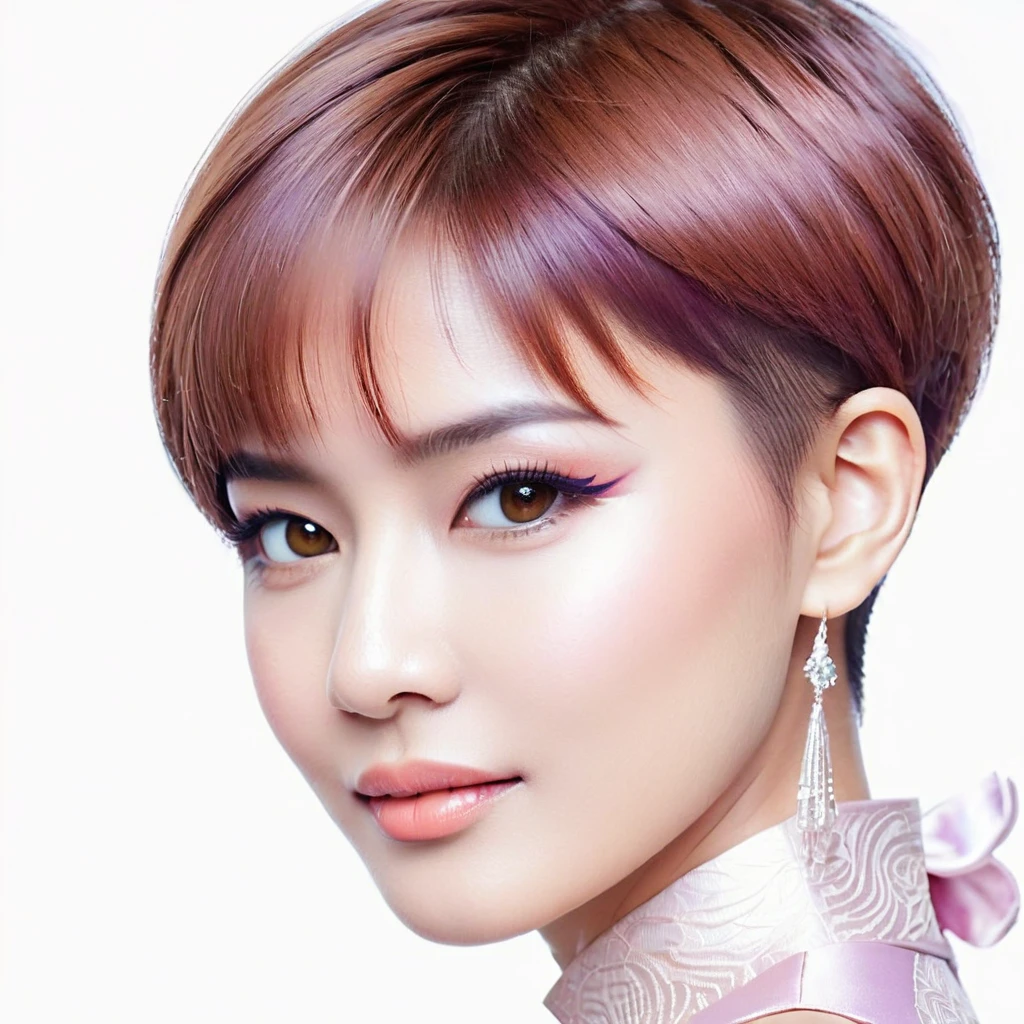masterpiece, realistic, highly detailed, beautiful, a cute young indonesian woman, sleek straight hair, short bowcut haircut with undercut, purpled salmon haircolor, light makeup, brown eyes. detailed on the face and eye. elegant pose. charming and calming look. smiling slightly. blurred intricate abstract background.