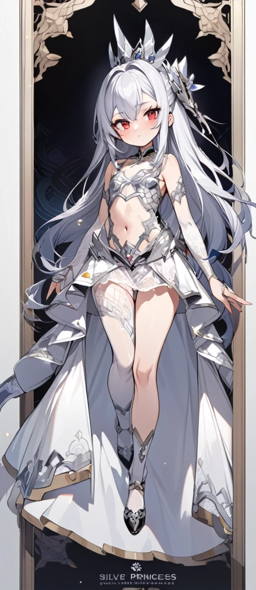 Silver Dragon Princess Character Design, woman, Silver long hair, Wearing a white lace sexy skirt, Red Eyes, Small Frame, Very thin, detailed, best quality,Loli