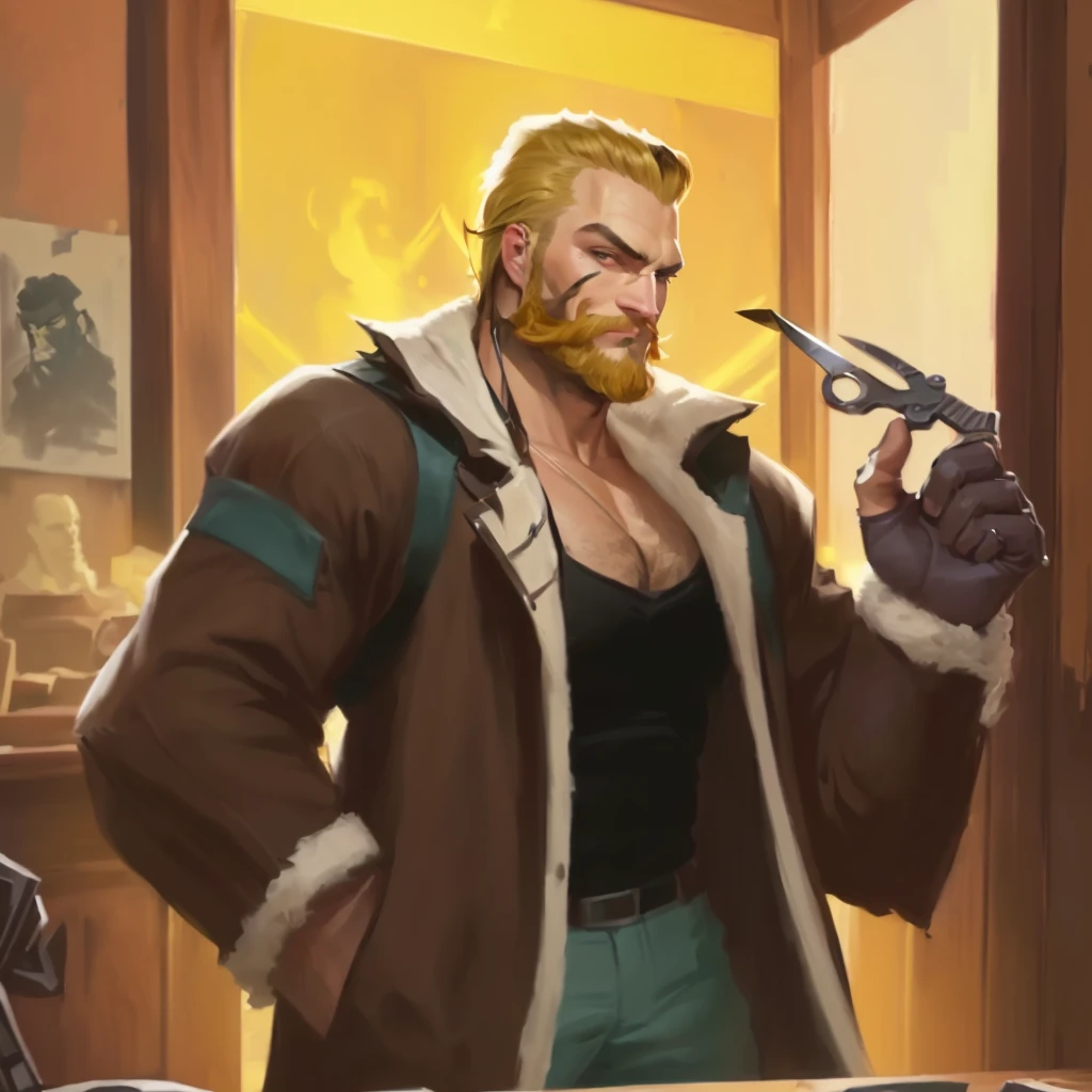 there is a man holding a pair of scissors in his hand, barret frymire, bald male swashbuckler, buff man, portrait of professor sinister, jake parker, communist draven, buff painting, manly monster tough guy, portrait of rugged zeus, (sfw) safe for work, roguish smirk, inspired by Max Magnus Norman
