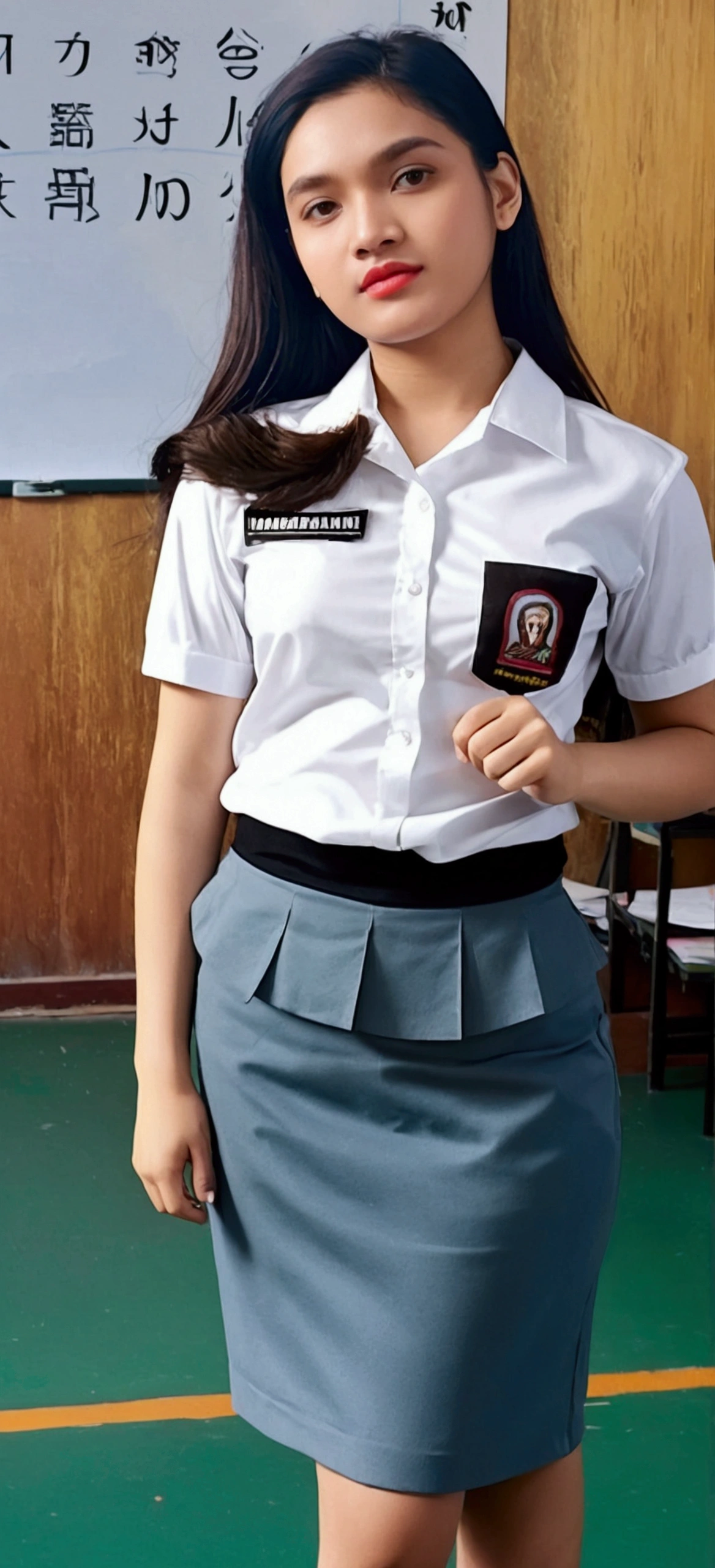 Beautiful woman, 18 years old, with a slightly dry face (smells of tamarind), wearing an Indonesian high school student council uniform (white and gray, super tight clothes, very fitting clothes on her body which accentuates her curves along with a long skirt) long black wavy hair.  Create a standing pose in front of the class & also sitting in class (2 photos)!