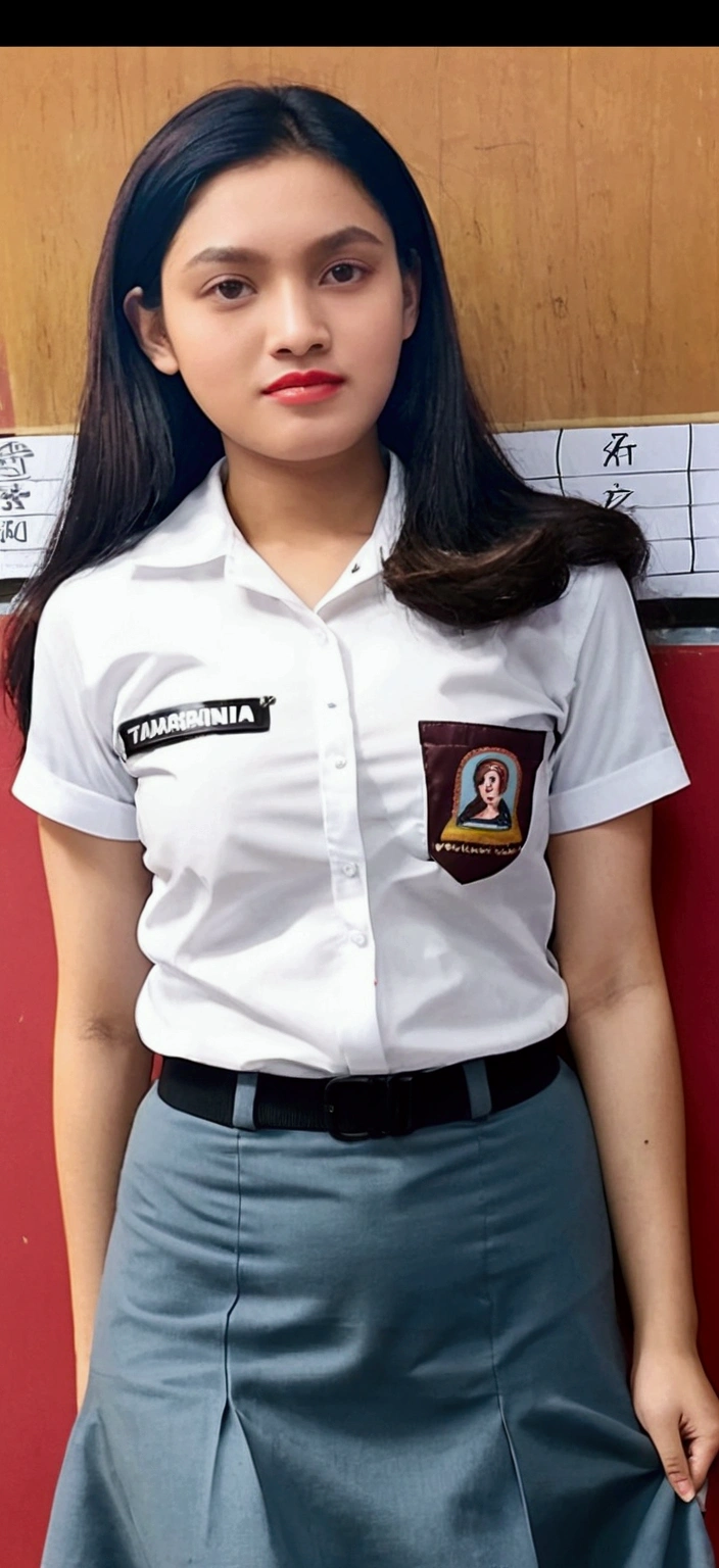 Beautiful woman, 18 years old, with a slightly dry face (smells of tamarind), wearing an Indonesian high school student council uniform (white and gray, super tight clothes, very fitting clothes on her body which accentuates her curves along with a long skirt) long black wavy hair. Create a standing pose in front of the class & also sitting in class (2 photos)!