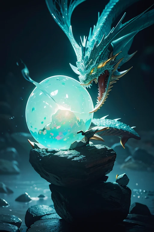masterpiece, Beautiful opal-like dragon egg on rocks, Glowing substrate, cinematic lighting