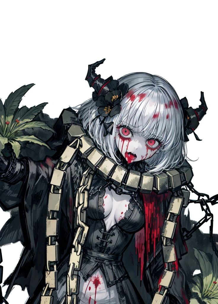 1girl,mutant flower, White hair, blood tears, dark circles under eyes, cursed,(blood cover, chains), scar cover, (high resolution, high detail, best quality), pain, scream
