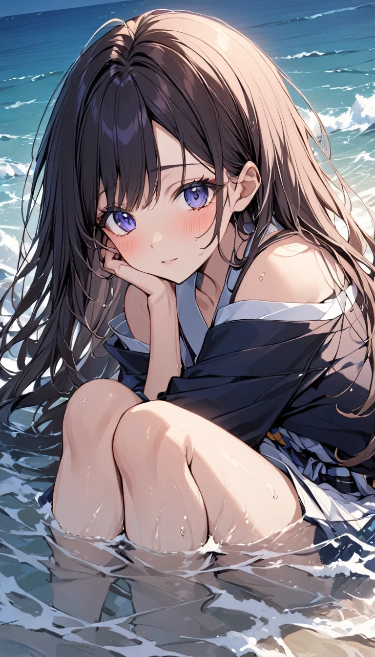Japanese woman, 19 years old, waist-deep in the sea, leaning her body against the waves