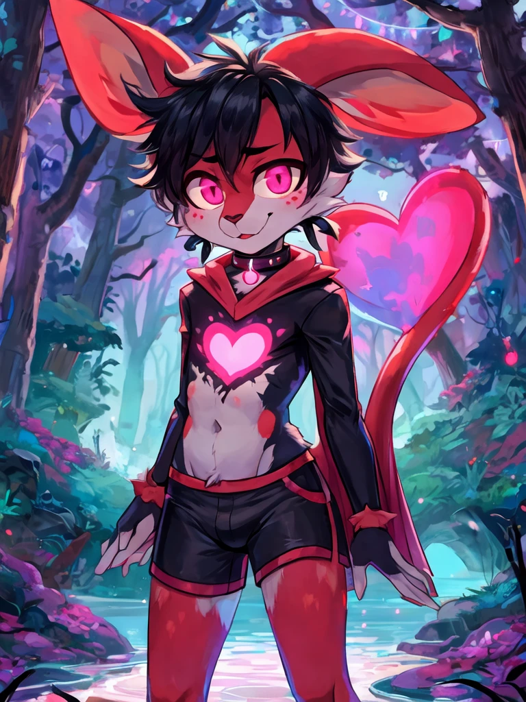 (furry:1.5), rabbit male, pink eyes, red skin, black hair, black short hair ponytail, purple earring, cute, ultra cute face, female appearance, black hand,black feet, bare feet, glowing Heart-shaped mark on chest, (ultra detailed), shy, soft, (detailed fur:1.2), beautiful lights and shadows, sharp focus, looking at viewer, (body fur:1.2), (masterpiece), demon elements on body, (Depth of Field), (detail), red hairpin, rubber collar, cloak, dolphin shorts, bulge, nude, with rich contrasting tones of black and red, handsome, normal body type, Acting cute, standing in the night forest, (solo, The only person), (best quality, 4k,8k, highers, masterpiece:1.2), glowing lake, Moonlight and star decoration, femboy, shota