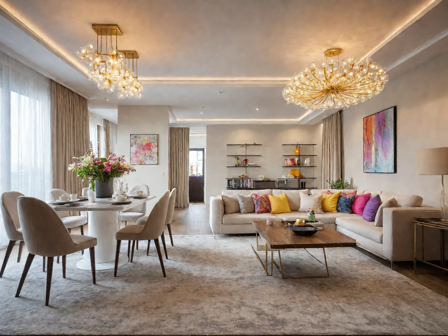 Raw photo, Masterpiece, high quality, best quality, authentic, super detail,
indoors, living room style modern, ceiling lights, chandeliers, sofas with coffee table, pillows, a rug placed under the couch, flower vases on the dining table and coffee table, painting on the rear wall, cream curtain walls, vivid color,