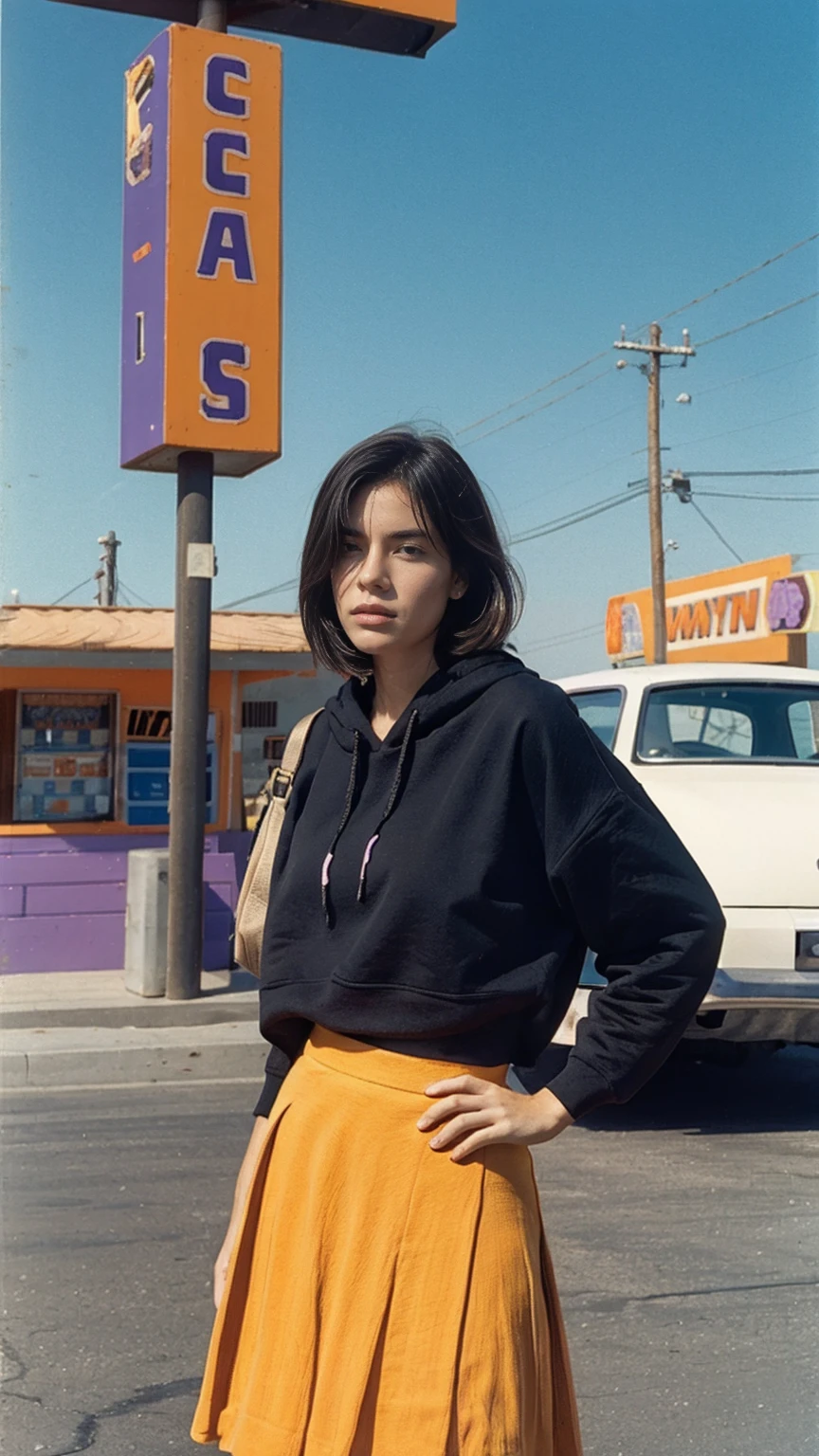 long shot portrait of cute 23 yo girl, (natural breast) ,wear ((orange color oversized hoodie)), wear ((purple tennis skirt)),looking front,Best Quality,Masterpiece,Ultra High Resolution,(Realisticity:1.4),Original Photo, 1Girl, light leak,ultra high resolution,UHD,beautiful, (black bob hair), almond eye, no makeup, in front of (80's mondrian architecture motel), (realistic:1.2), (surreal:1.3), (very detailed:1.1), ((masterpiece)),summer, blue sky, palm trees,sunny, los angles vibes,film camera, 800mm lens,style of Philip Lorca diCorcia