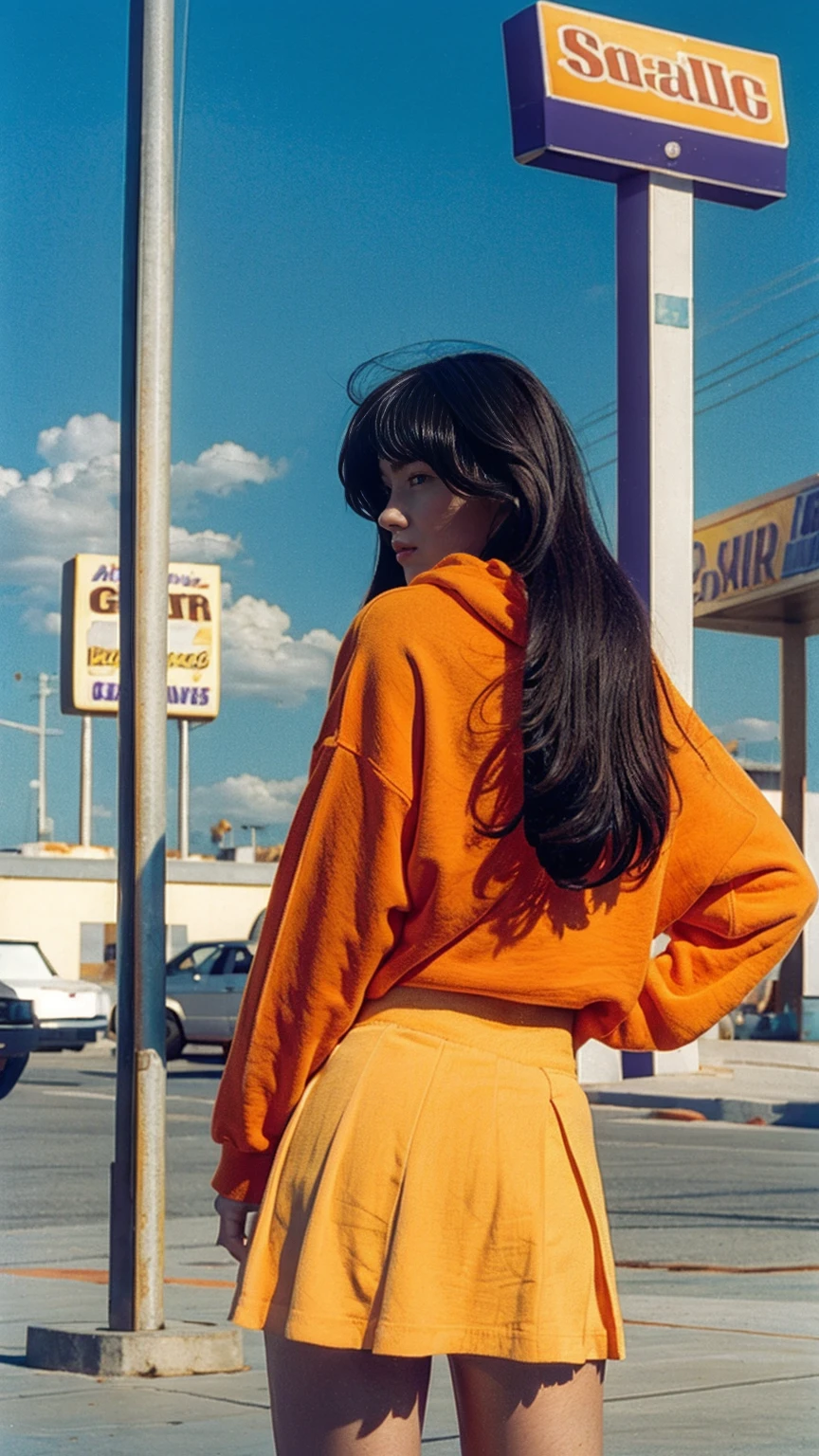 long shot portrait of cute 23 yo girl ,wearing ((orange color oversized_hoodie)), wear ((purple tennis skirt)),looking front,Best Quality,Masterpiece,Ultra High Resolution,Original Photo, 1Girl, light leak,ultra high resolution,UHD,beautiful, (black bob hair), almond eye, no makeup, in front of ((80's abandon gas station)), (realistic:1.2),(very detailed:1.1), ((masterpiece)),summer, blue sky, palm trees,sunny, los angles vibes,film camera, 800mm lens,style of Philip Lorca diCorcia
