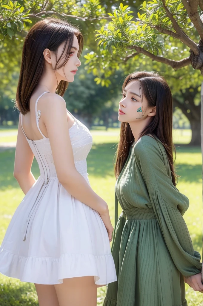 best quality, masterpiece, Ultra-fine high resolution, (Practical: 1.4),outdoor, (2 girls: 1.2), (portrait,Upper Body:1.2) ,(2 girls,Back to Back,Stand under a big tree: 1.4)，Thin body, High school girl, (from the side), (best quality:1.4), 32k resolution, (Practical:1.5), (超Practical:1.5), High resolution 32k UHD, (masterpiece:1.2)), (quality improvement:1.4), (Very nice facial details), (best quality realistic skin texture:1.4),Dresses of different colors