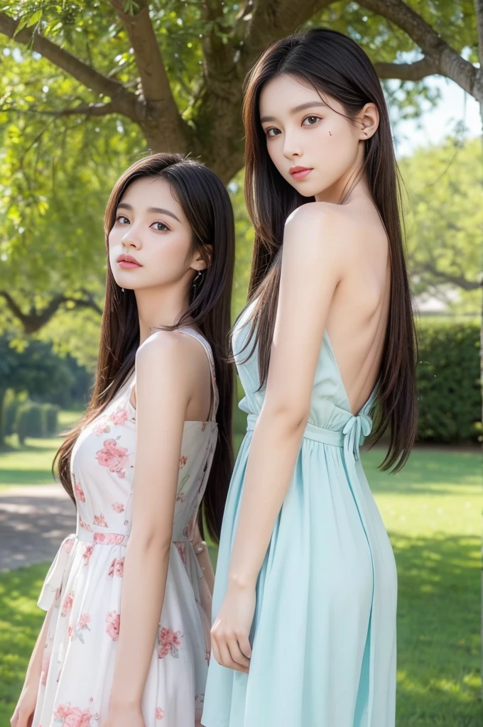 best quality, masterpiece, Ultra-fine high resolution, (Practical: 1.4),outdoor, (2 girls: 1.2), (portrait,Upper Body:1.2) ,(2 girls,Back to Back,Stand under a big tree: 1.4)，Thin body, High school girl, (from the side), (best quality:1.4), 32k resolution, (Practical:1.5), (超Practical:1.5), High resolution 32k UHD, (masterpiece:1.2)), (quality improvement:1.4), (Very nice facial details), (best quality realistic skin texture:1.4),Dresses of different colors