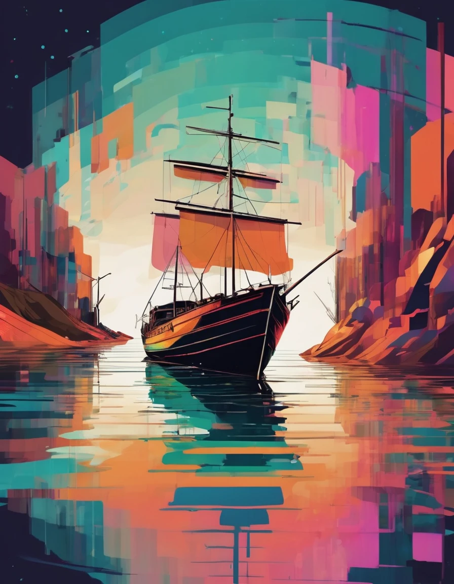 An illustration of Boat, glitch art, minimalism, in the style of modern illustration, earth colors, fantasy 