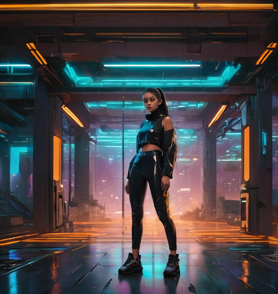 Top Quality, Masterpiece, High Resolution, 8k, (((cute skinny barely legal girl in oversized crinkle top and wetlook leggings, bare belly, wide neckline, deep neckline, small perky breasts, beautiful detailed eyes, beautiful detailed lips, small closed mouth, extremely detailed face, long ponytail hair, small hips))), cyberpunk apartment, moody atmosphere, dramatic and random neon colors, futuristic setting, intricate details, at night, backlit, full body shot, view from distance