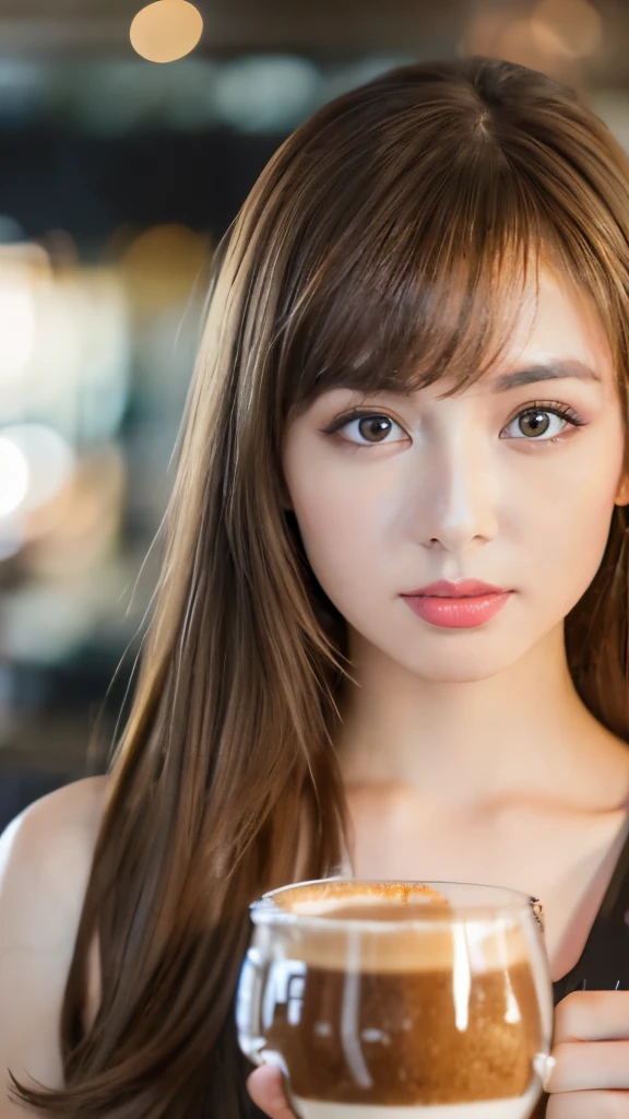 Best quality, 8k, ,Masterpiece :1.3)), facing viewer,((full body1.2)) ,pretty woman, wide shot ,1girl, , café,, , brown hair , bangs,ultra-detailed face, highly detailed lips, detailed eyes, double eyelid