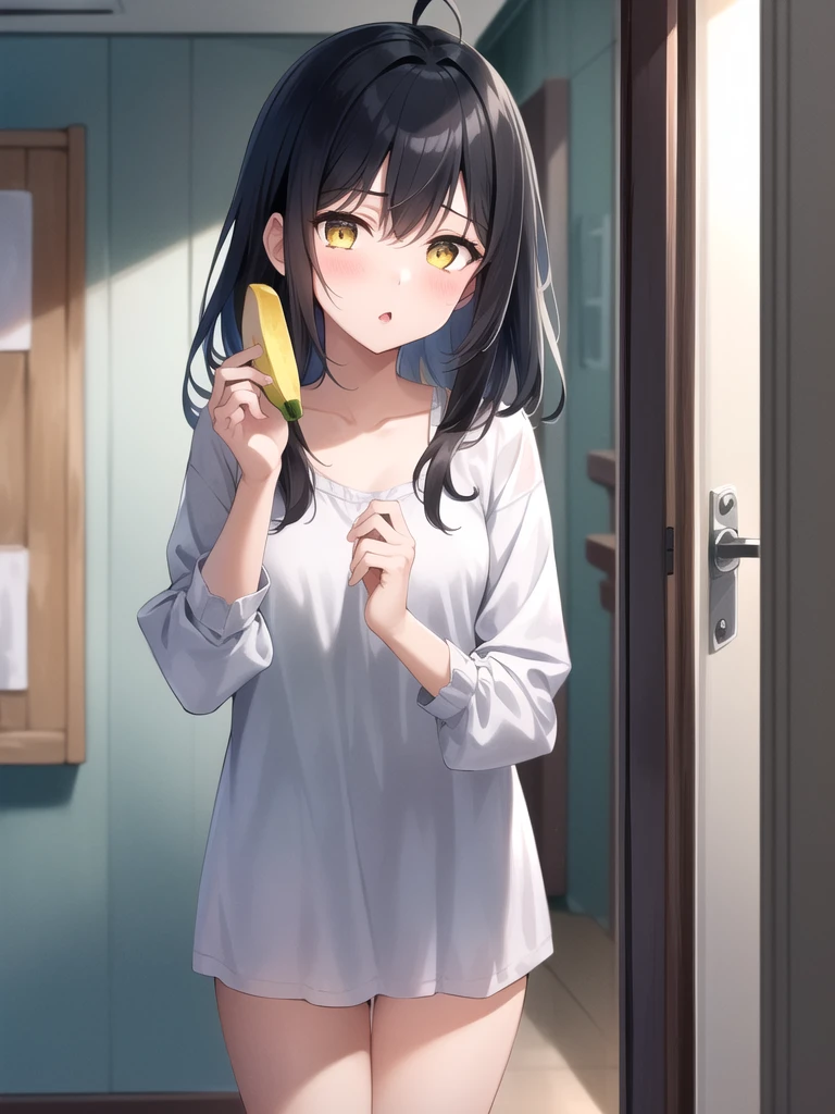 (masterpiece:1.2, best quality:1.1, highres,absurdres, high quality),(photorealistic:1.1),reflected light, colorful,ultra-detailed, ultra hd, super detailed,
yotsuya miko, open door, sleepwear,  messy hair, black hair, yellow eyes,( open door):1.4, house,  (sleepy), hallway, antenna hair, cowboy shot, 1girl, solo focus, 
 holding banana with naughty face