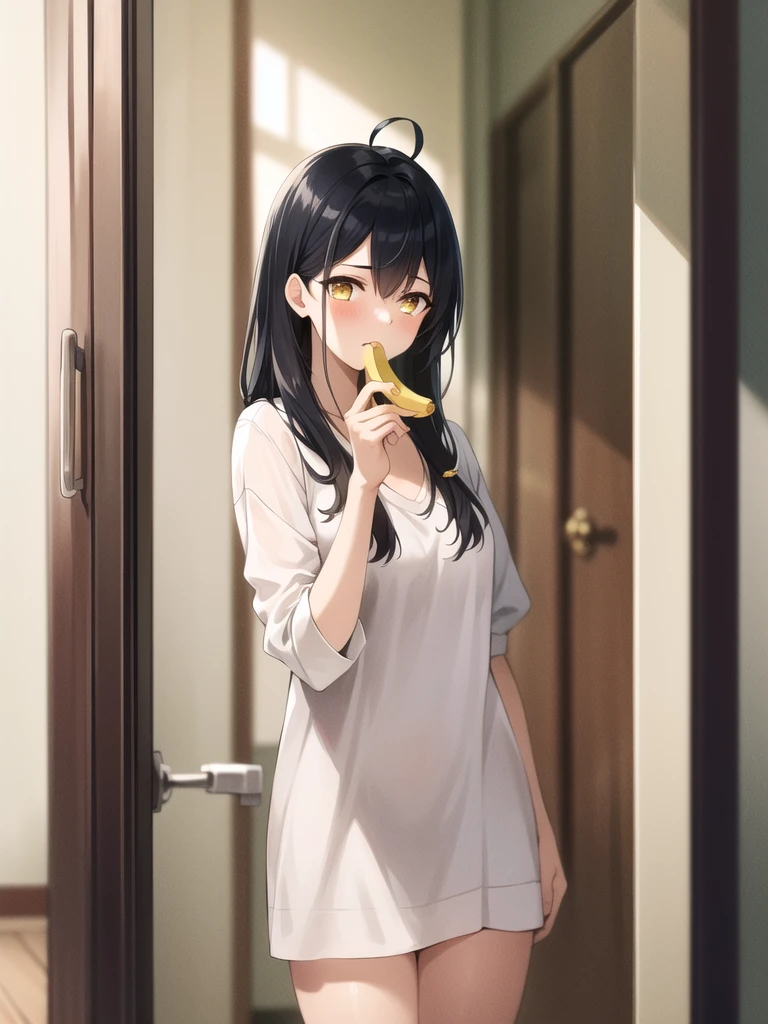 (masterpiece:1.2, best quality:1.1, highres,absurdres, high quality),(photorealistic:1.1),reflected light, colorful,ultra-detailed, ultra hd, super detailed,
yotsuya miko, open door, sleepwear,  messy hair, black hair, yellow eyes,( open door):1.4, house,  (sleepy), hallway, antenna hair, cowboy shot, 1girl, solo focus, 
 holding banana with naughty face