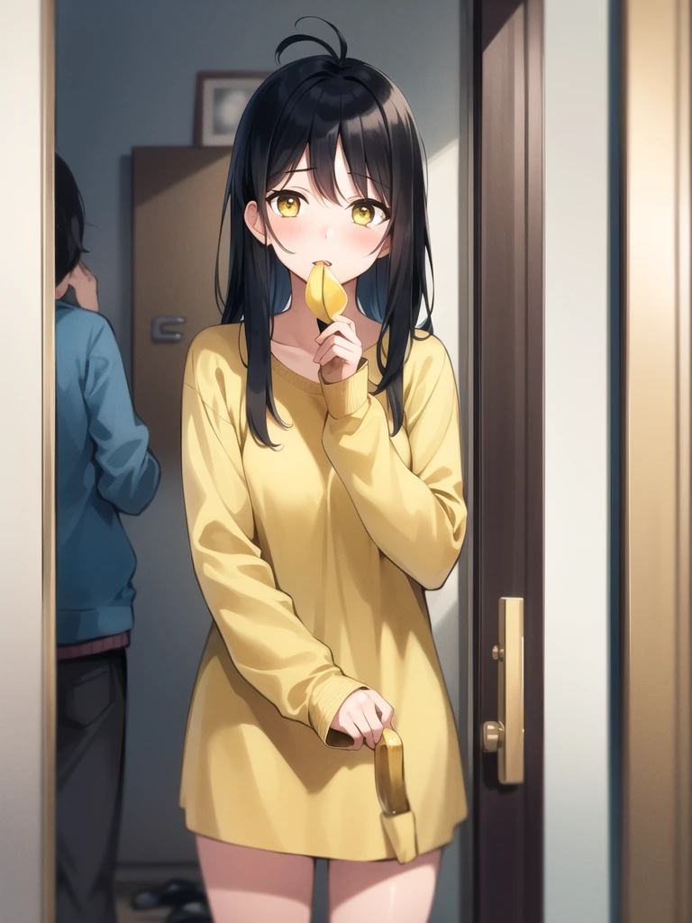 (masterpiece:1.2, best quality:1.1, highres,absurdres, high quality),(photorealistic:1.1),reflected light, colorful,ultra-detailed, ultra hd, super detailed,
yotsuya miko, open door, sleepwear,  messy hair, black hair, yellow eyes,( open door):1.4, house,  (sleepy), hallway, antenna hair, cowboy shot, 1girl, solo focus, 
 holding banana with naughty face