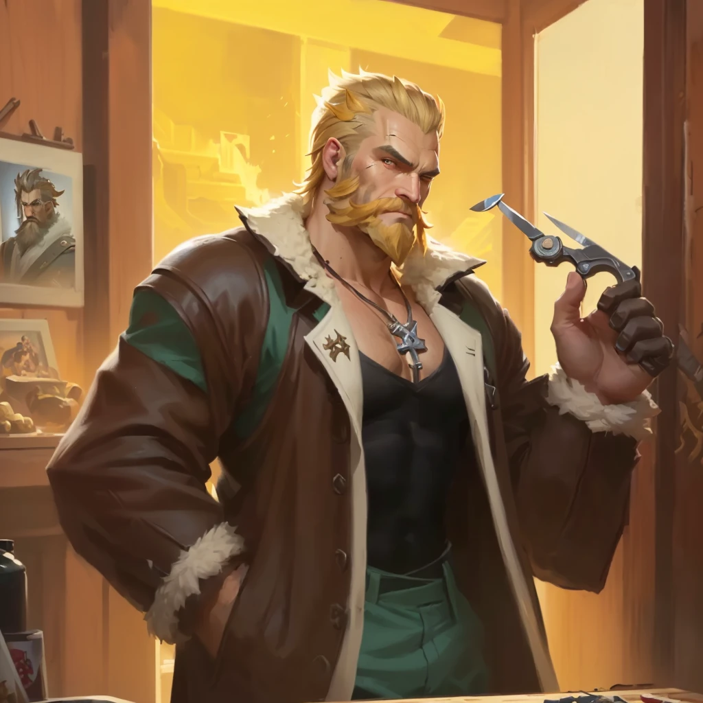 there is a man with a beard and a jacket holding a knife, super buff and cool, doomfist, buff man, buff painting, very buff, painted portrait of rugged zeus, portrait of rugged zeus, barret frymire, manly monster tough guy, doomfist from overwatch, a portrait of junkrat, jake parker, berserker potrait