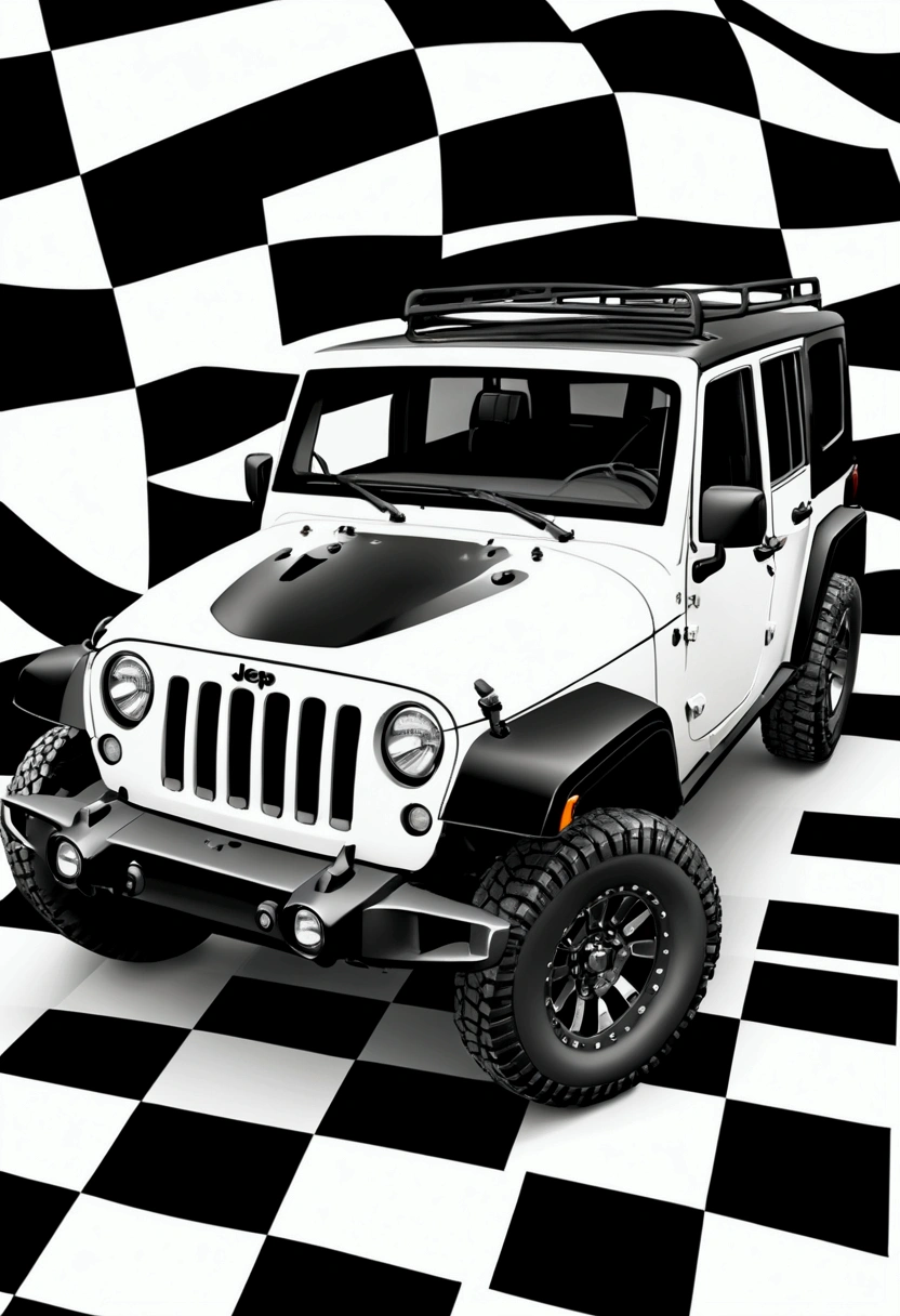 Blank background with a black and white checkered jeep illustration