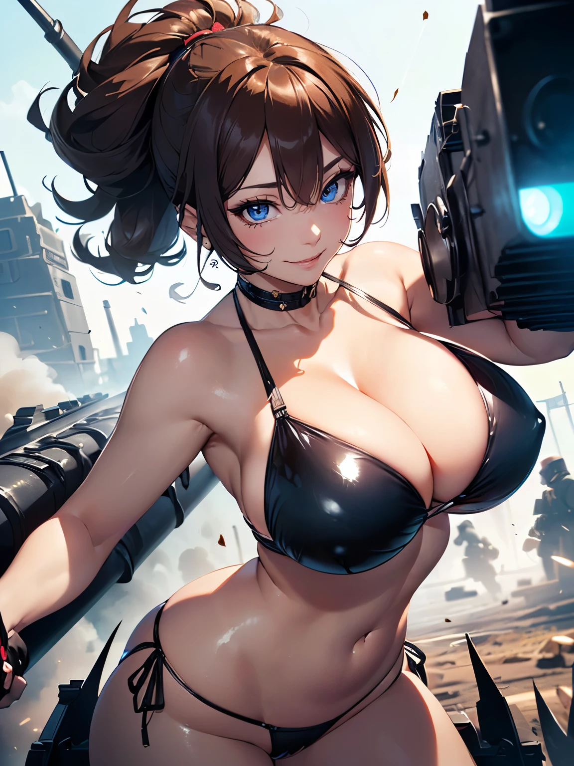 ((1 lady))、ultra-detailliert, Top image quality, digitial illustration, Seductive Anime Girl, Glossy realistic skin texture、Meticulously drawn hair, Meticulously drawn eye, Sharp Focus, Precise human body structure、Smooth texture、((Combative posing:1.5)), ((fighting stance))、((Holding a big Heavy artillery:1.6, armament:1.3))、((bazooka and gatling gun and rocket launcher))、((dynamism:1.3))、((dynamic angle:1.2))、((Hover effect:1.4)), ((Being in battle field:1.2))、seductive smile、((latex micro bikini:1.3 crop top:1.3))、((sleeveless))、((cleavage:1.3))、((crop top navel))、((highleg:1.3))、((huge breasts:1.3))、((huge hip:1.3))、((thick thighs))、curvy、((collarbone))、((cameltoe))