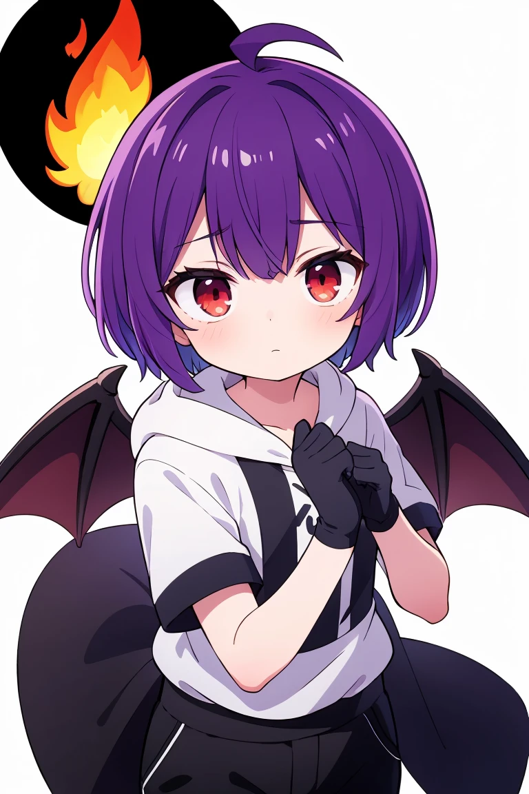 ((masterpiece, Highest quality, Very detailed)), Ahoge, Purple Hair, short hair, Red eyes, Black glove on one hand, Bat Wings, Indigo short sleeve hoodie, Black trousers, Manipulating the flames, boy, Mini character, Character portrait, solo, White background