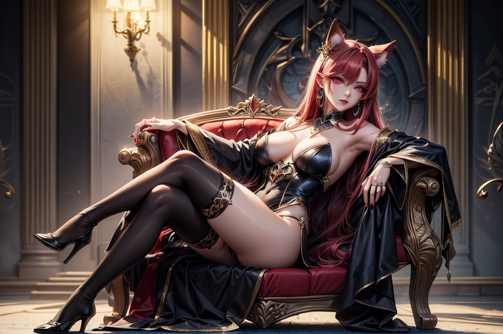 In the dark castle throne room on the huge royal throne in seductive pose siting beatiful demon queen, She have beautiful face with pink eyes rakr eye shadows and dark lipstick sexy make up, golden ring shape earrings on her ponty ears. she have long gorgeous bloody red hair.. dressed in majestic sexy black royal robe with golden metal parts, also she have tattoo all over her body her hands have lonf beautiful nails, (ultra high quality fantasy art, ghothic dark fantasy style, masterpiece, ultra high quality character design, 8k quality anime art, realistic anime art, top quality wallpaper illustration, detailed ultra high quality accurate face, high quality design and accurate physic)