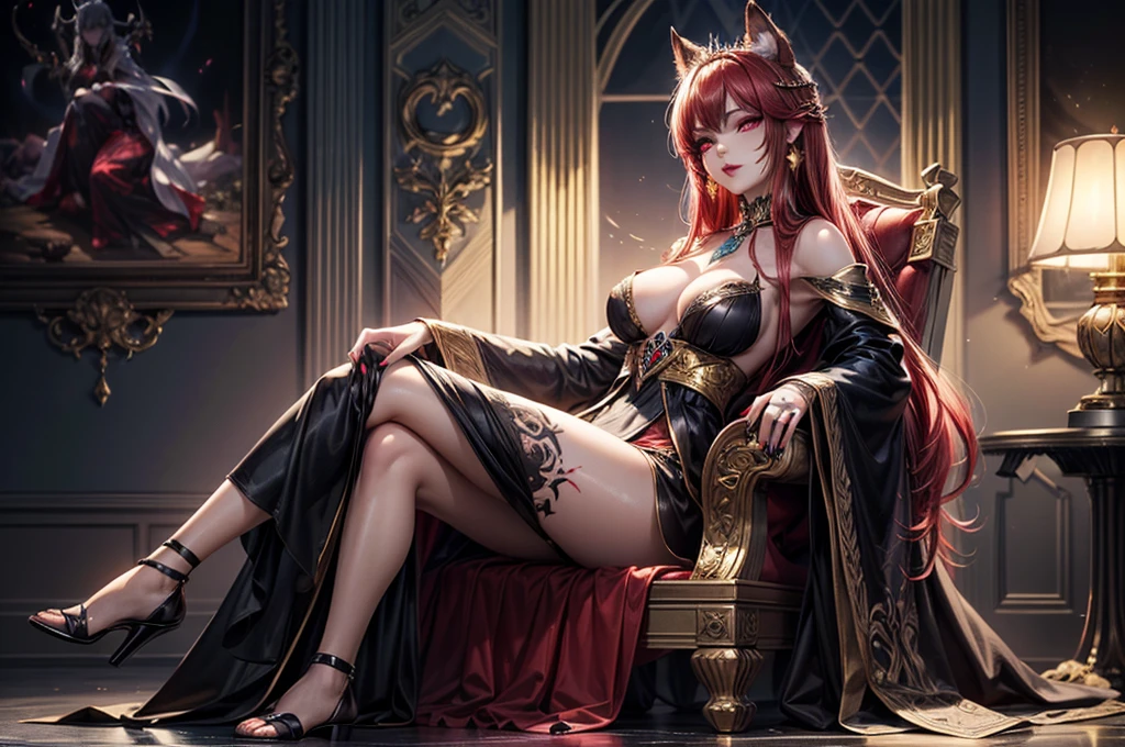 In the dark castle throne room on the huge royal throne in seductive pose siting beatiful demon queen, She have beautiful face with pink eyes rakr eye shadows and dark lipstick sexy make up, golden ring shape earrings on her ponty ears. she have long gorgeous bloody red hair.. dressed in majestic sexy black royal robe with golden metal parts, also she have tattoo all over her body her hands have lonf beautiful nails, (ultra high quality fantasy art, ghothic dark fantasy style, masterpiece, ultra high quality character design, 8k quality anime art, realistic anime art, top quality wallpaper illustration, detailed ultra high quality accurate face, high quality design and accurate physic)