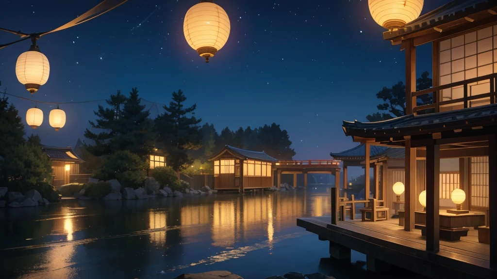 Depicting the end of the Japanese summer festival、A quiet and slightly lonely scene。Capturing a quiet moment after the festival。A few remaining lanterns cast a warm light in the night sky.。The overall atmosphere is quiet and a little lonely.、Evokes the bittersweet feeling of a late summer night
