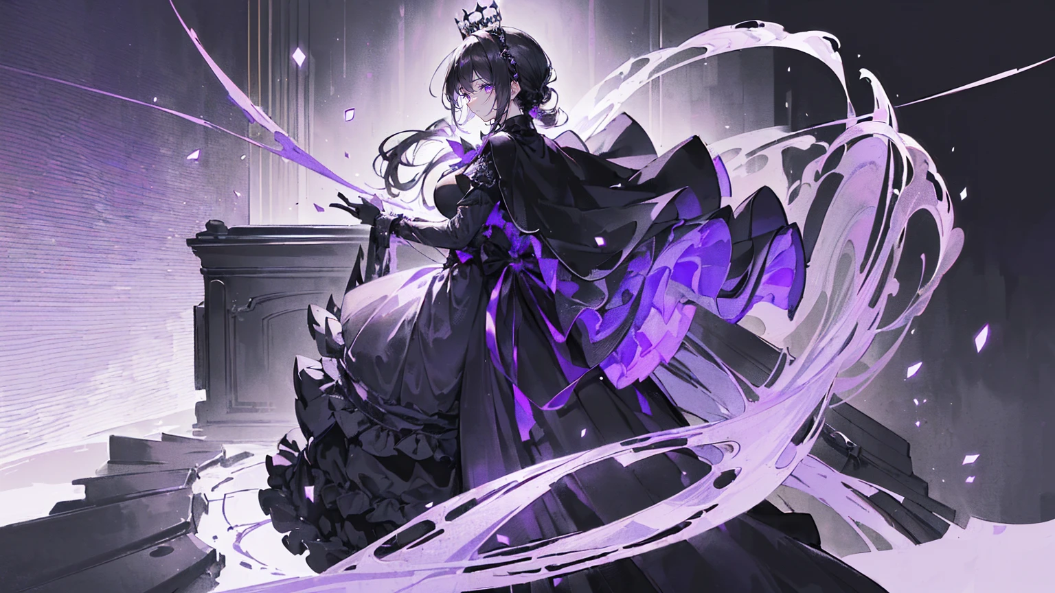 (Super detailed)),((illustration))，((masterpiece)),(((need))),((fine、Highest quality CG Unity 8K wallpapers，masterpiece），（（4K，masterpiece，best quality）），Black hair queen，Waist-length hair，Royal sister，Sexy，Tall figure，Lilac eyes，Standing upright in a coffin，mummy，The whole body is wrapped in bandages，There is a coffin beside him，Mature，Hair Bunch，Hair tied on both sides，Black and purple French vintage clothing，Gorgeous pure black cape，Black veil，Purple-white halo，Black purple boots，Wearing a crown on the head，Holding a knight&#39;s sword，pyramid，Emitting dim purple light，Brilliant palace，Mysterious symbols,individual，Emit a dim light，Full body picture