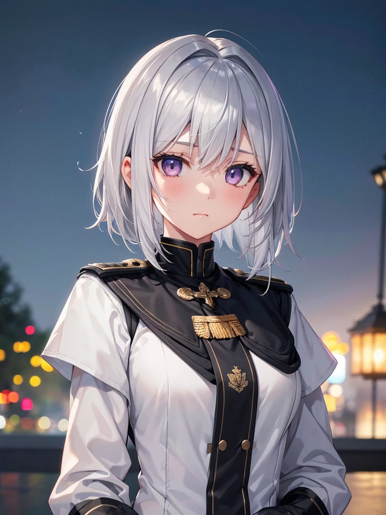 1girl,silver hair,silver eyes,black army uniform Sad expression, hands Holding chest,,, short hair, standing in the park, at night, close up photo, Ultra detail, ultra HD, masterpiece 