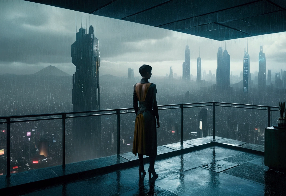 A realistic image of a futuristic city inspired by the movie "Blade Runner", with a woman standing on the terrace of a skyscraper overlooking the city. It is raining and the scene has a 16:9 aspect ratio (please include the terrace roof)), seen from three-quarter behind