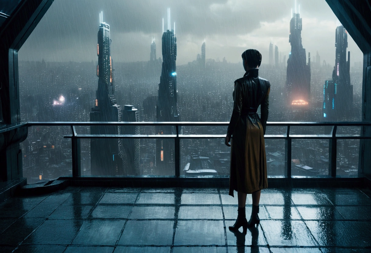 A realistic image of a futuristic city inspired by the movie "Blade Runner", with a woman standing on the terrace of a skyscraper overlooking the city. It is raining and the scene has a 16:9 aspect ratio (please include the terrace roof)), seen from three-quarter behind
