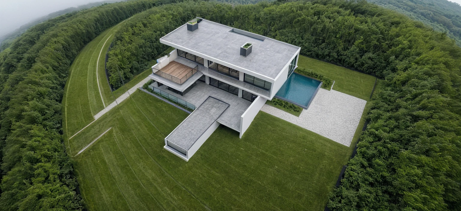 Masterpiece, aerial view, masterplan, high quality, best quality, authentic, super detail, outdoors, onestoreyvillaXL, aiaigroup, modern villa in the forest , white wall ,road, grass, trees, sky, cloud, (daylight:1.1)
