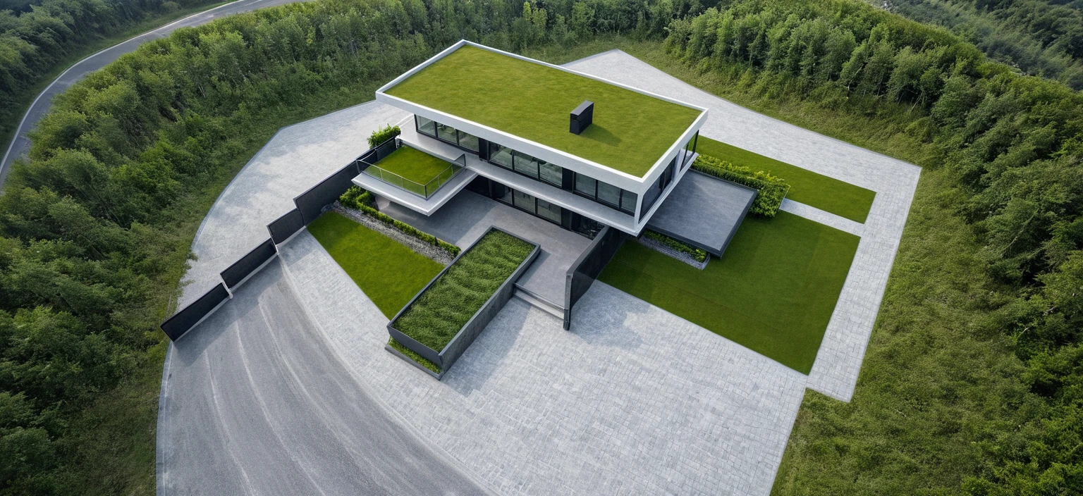 Masterpiece, aerial view, masterplan, high quality, best quality, authentic, super detail, outdoors, onestoreyvillaXL, aiaigroup, modern villa in the forest , white wall ,road, grass, trees, sky, cloud, (daylight:1.1)