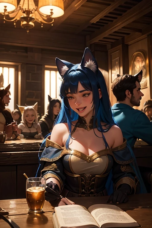 a group of people with animal ears and tails drinking and laughing in a medieval bar, hyper realistic, extremely detailed, 8k, dramatic lighting, intricate details, highly detailed facial features, vibrant colors, cinematic composition, fantasy, whimsical, masterpiece