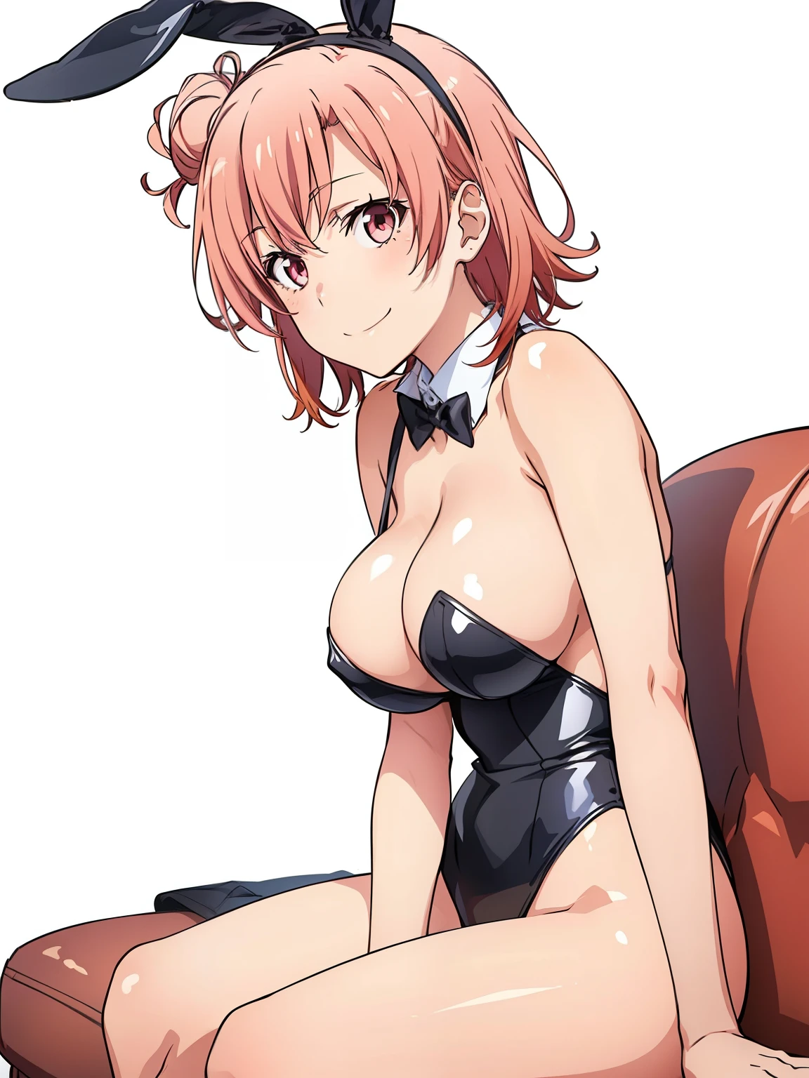 ((masutepiece, Best Quality, hight resolution, nffsw, Perfect Pixel, depth of fields, 4K, )), 1girl in, Solo, , Beautiful anime girl, Beautiful Art Style, close up, Looking at Viewer, Perfect body, side shot, Yuigahama Yui, Short hair, pink hair, pink eyes, hairbun, (large boob), sitting, black playboy bunny outfit, smile, hands on knees, blank white background